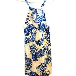Blue and White Leaf Print Halter Dress